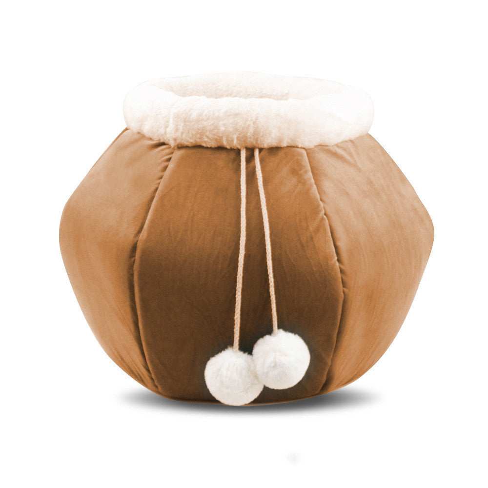 Hexagonal "Sleeping Bag" Cat Bed with Drawstring and Pom Poms