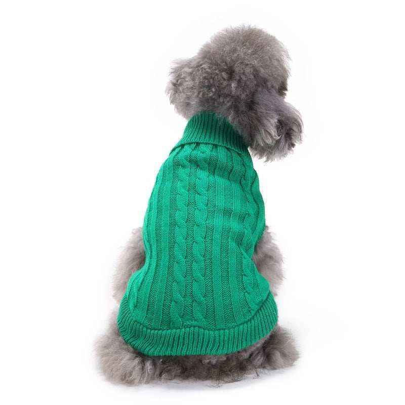 Small gray poodle dog wearing a green cable knit sweater sitting facing away