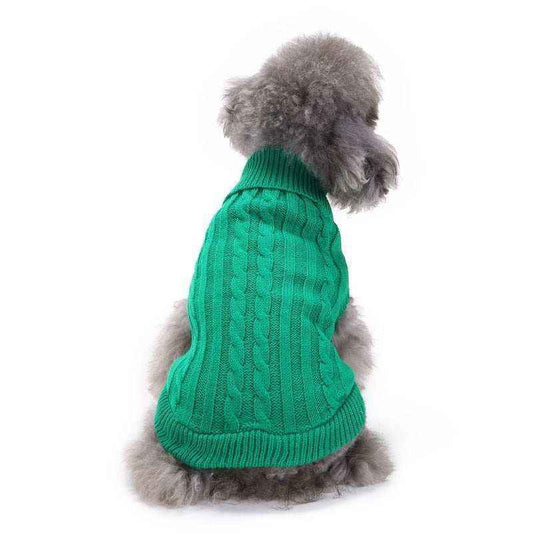 Small gray poodle dog wearing a green cable knit sweater sitting facing away
