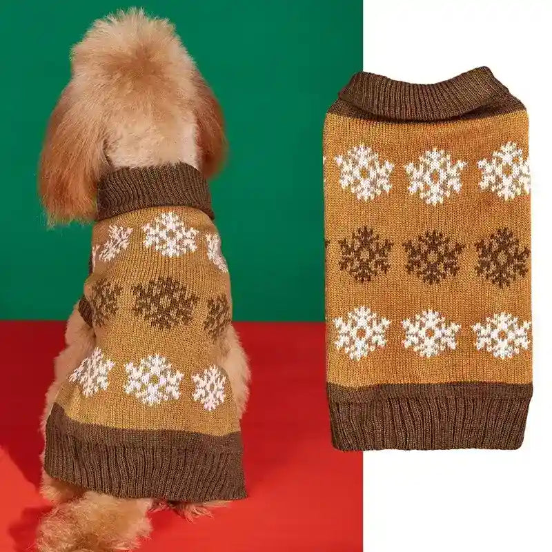 Small dog wearing brown knit sweater with white and dark brown snowflake pattern, winter pet clothing
