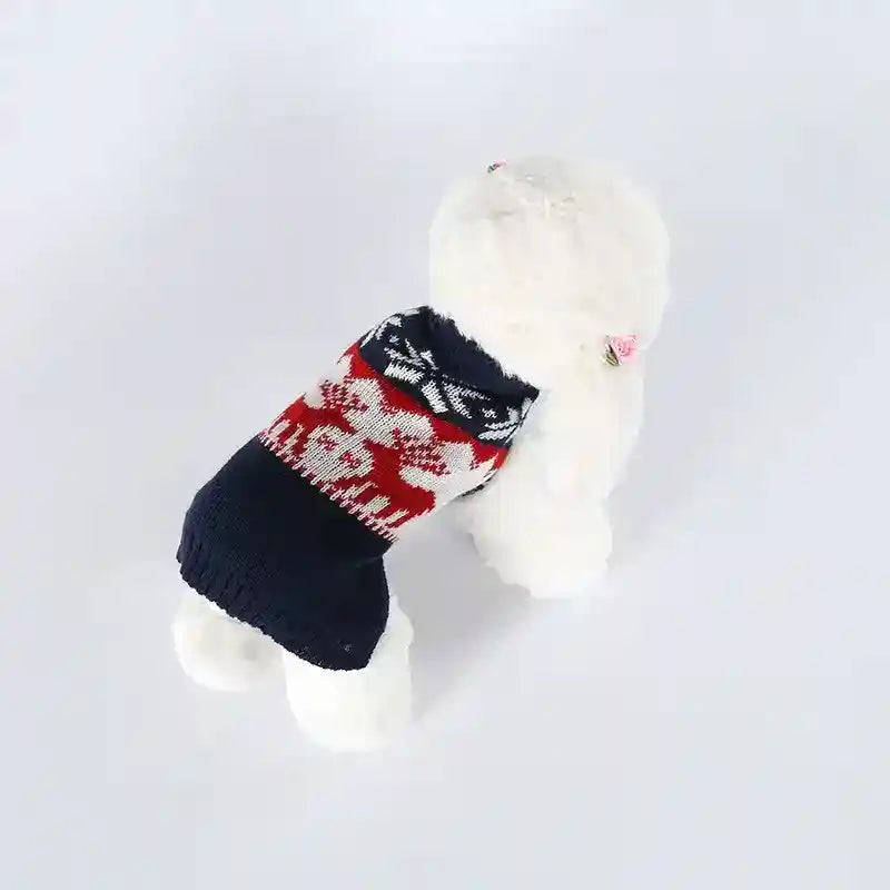 White fluffy dog wearing red, white, and navy blue holiday knit sweater with reindeer pattern
