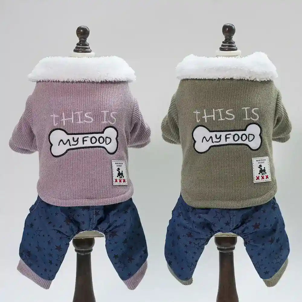 Two dog sweaters with blue star-patterned pants, one in pink and one in green, featuring white faux fur collars and 'This is My Food' bone design