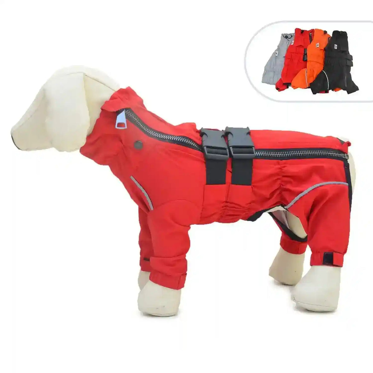 Red dog raincoat on dog mannequin with buckle straps and zipper, displayed with gray, orange, and black color options