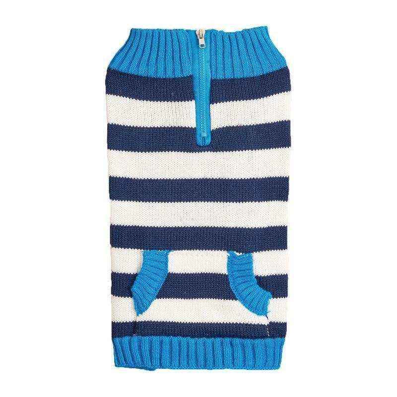 Blue and white striped knit dog sweater with front zipper and pocket details
