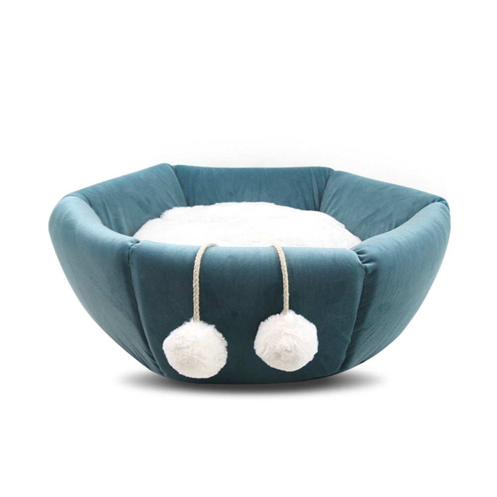 Hexagonal "Sleeping Bag" Cat Bed with Drawstring and Pom Poms
