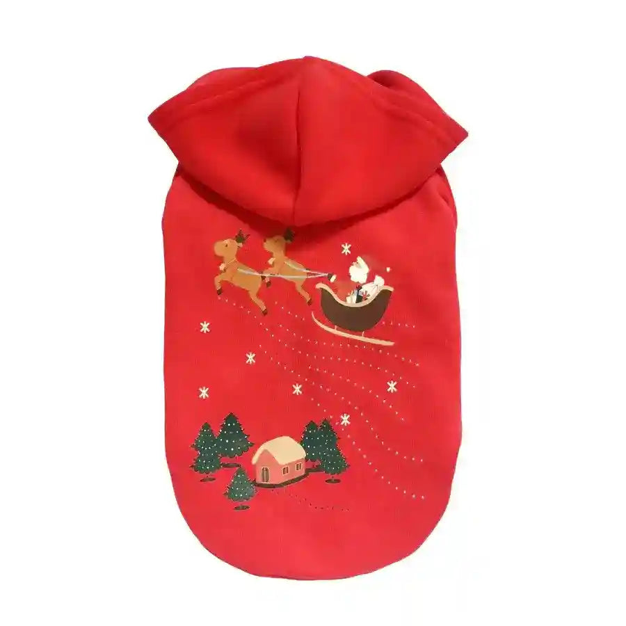 Red pet hoodie with Santa Claus in sleigh and reindeer flying over snowy cabin and pine trees
