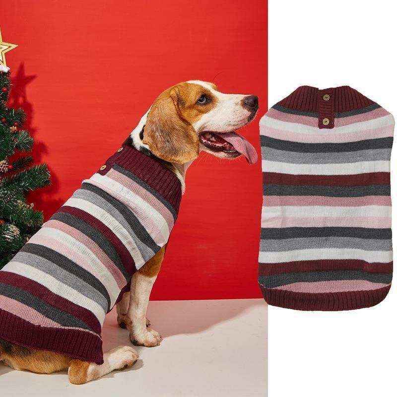 Beagle dog wearing striped maroon, pink, white, and grey knit dog sweater next to matching sweater on red background
