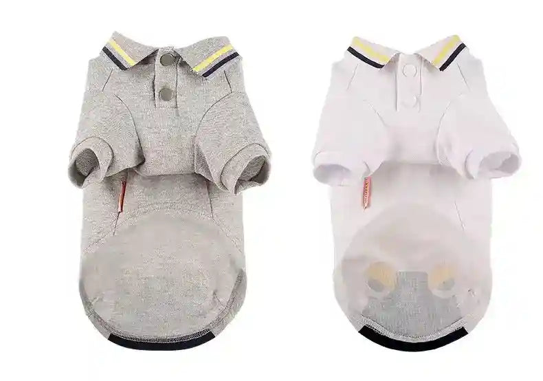 Gray and white short-sleeve polo dog shirts with striped collars and button details