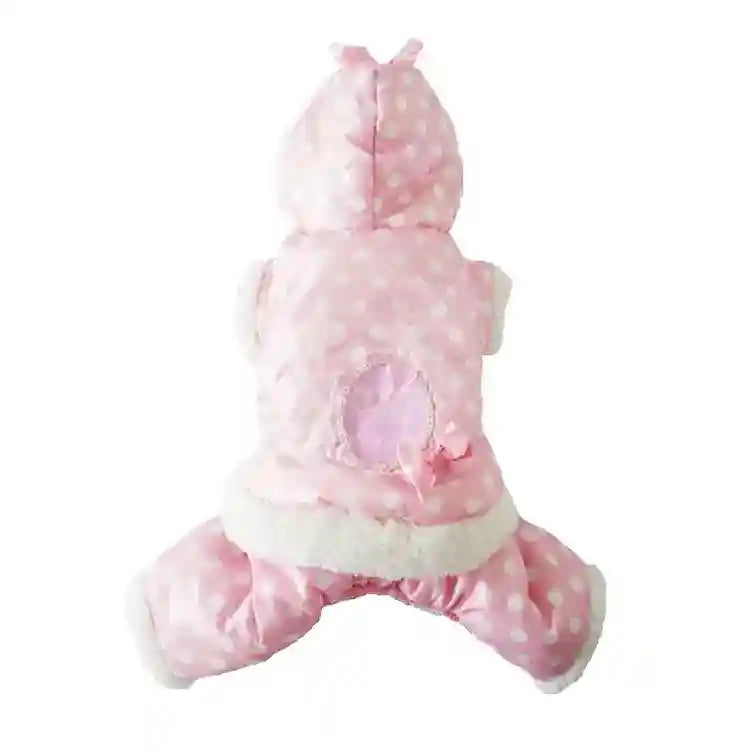 Pink polka dot dog winter jumpsuit with hood and white fleece trim, decorative bow on back