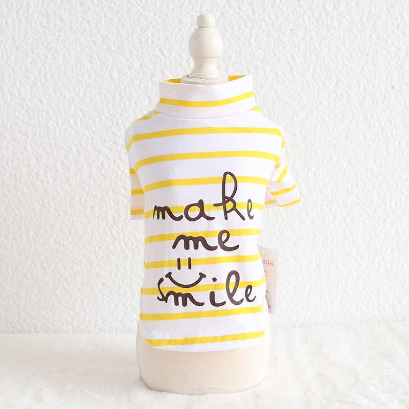 Dog T-shirt: Pure white cotton with colorful stripes "Make me smile"
