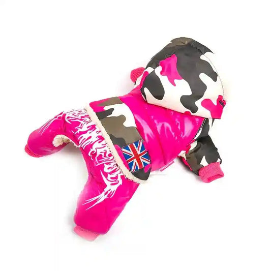 Pink and camouflage dog winter jacket with Union Jack patch and hood on white background