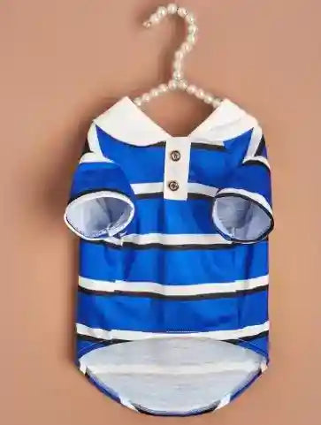Blue and white striped dog shirt with collar and button details hanging on pearl hanger