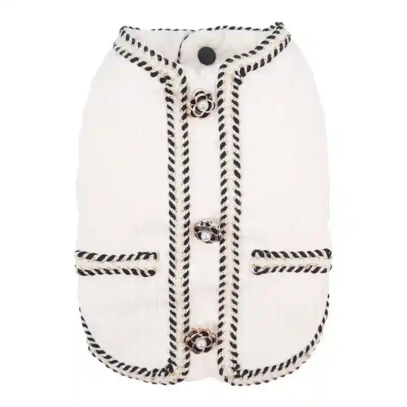 White pet vest with black and gold braided trim and decorative flower pearl buttons