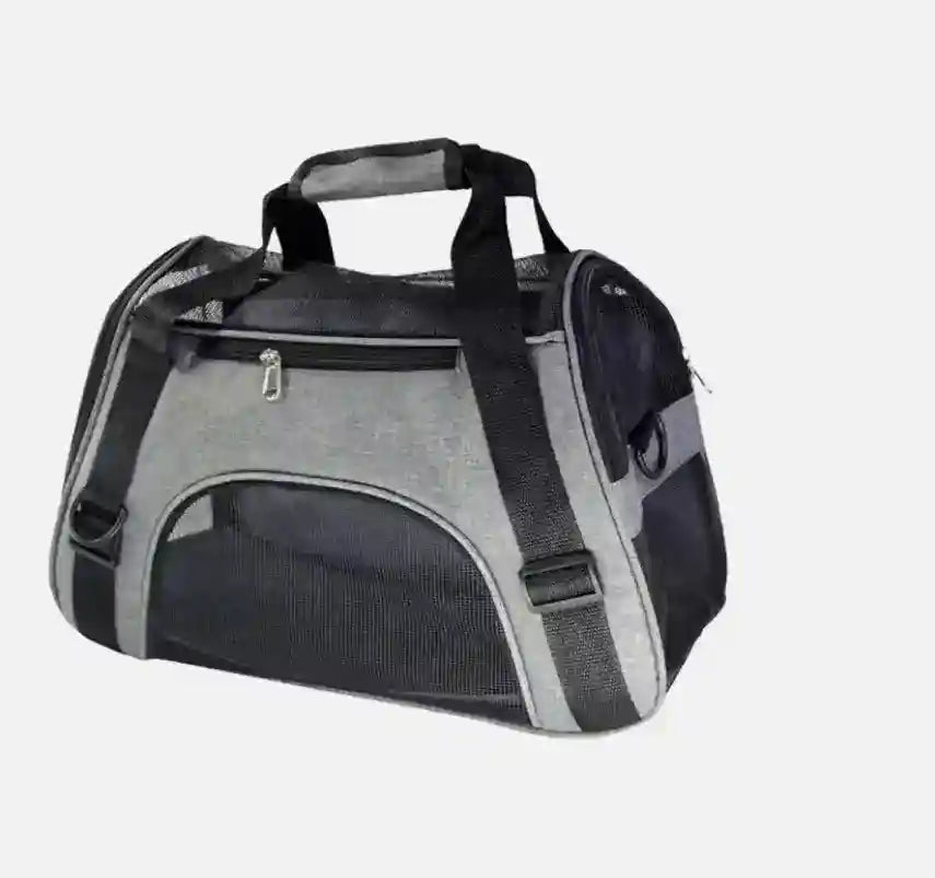 Gray and black mesh pet carrier bag with zipper and handles, lightweight travel design