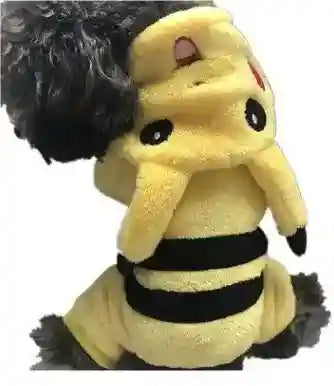 small dog wearing a yellow Pikachu costume with black stripes and ears