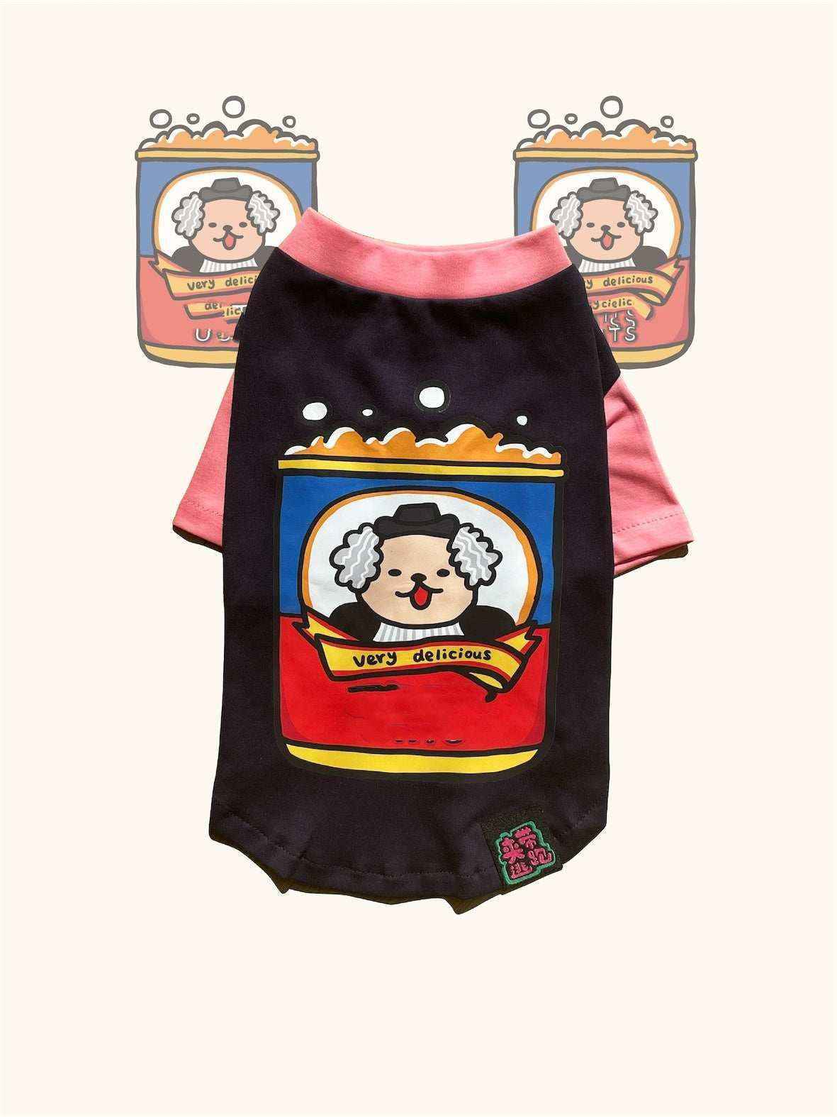 Black and pink pet shirt with cartoon dog in soda can labeled very delicious