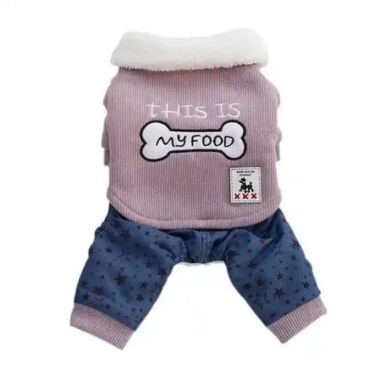Purple dog outfit with white fleece collar and blue star-patterned pants, text "This is my food" on back