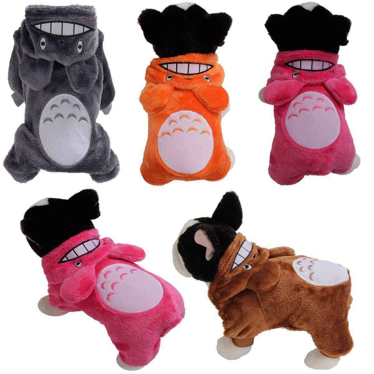 Five colorful plush dog hoodies with cartoon face and belly designs in gray, orange, pink, and brown