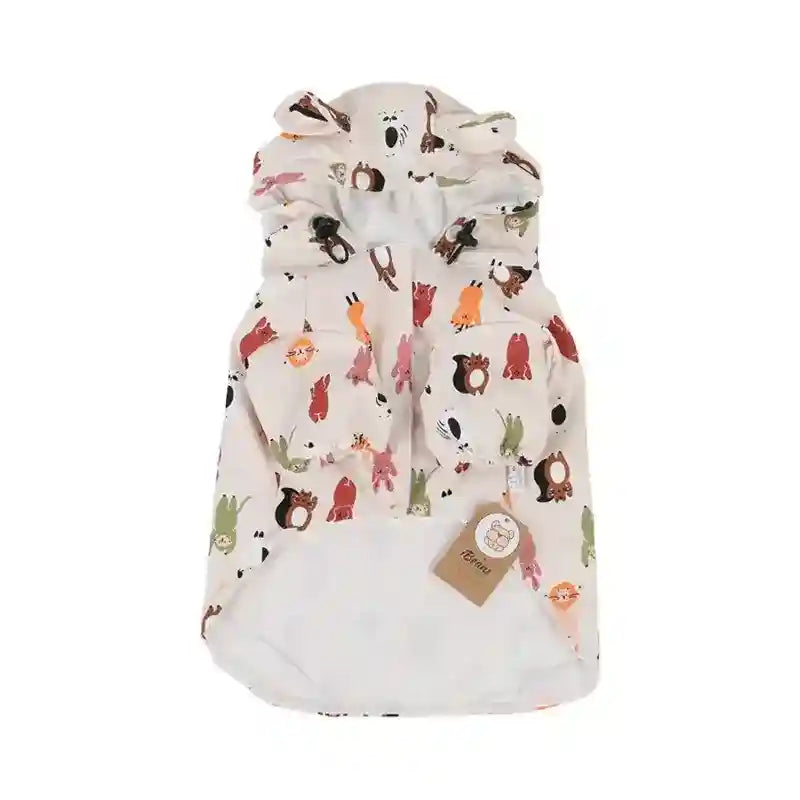White kids raincoat with colorful animal prints and hood with ears, lightweight waterproof jacket