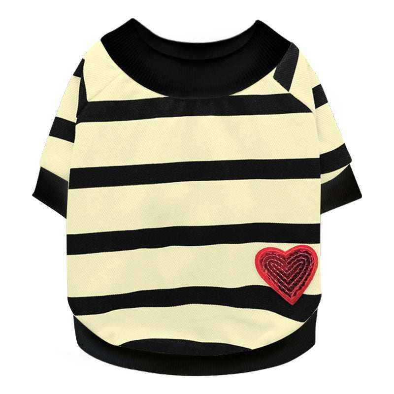 Black and cream striped short-sleeve pet sweater with red heart patch