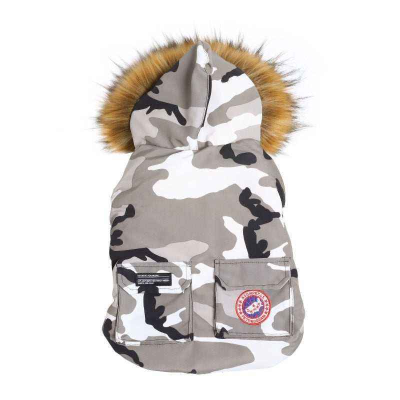 gray and white camouflage dog jacket with fur-trimmed hood and two front pockets, isolated on white