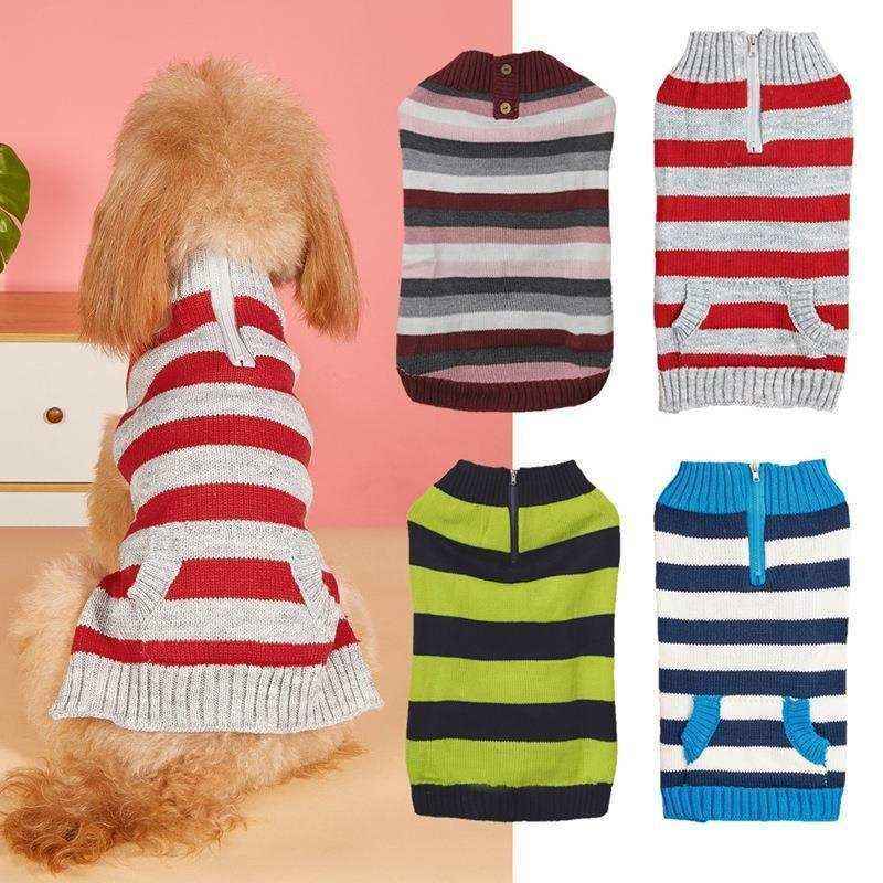 Small dog wearing red and gray striped knit sweater with hood, alongside four additional colorful striped dog sweaters