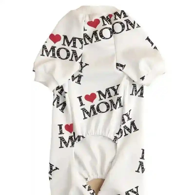 White pet shirt with repeated I love my mom heart print and elastic leg openings