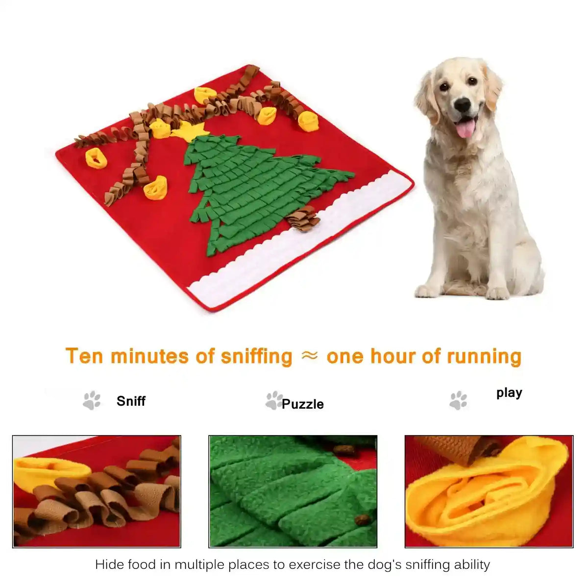 Dog snuffle mat with Christmas tree design and happy golden retriever promoting sniffing exercise