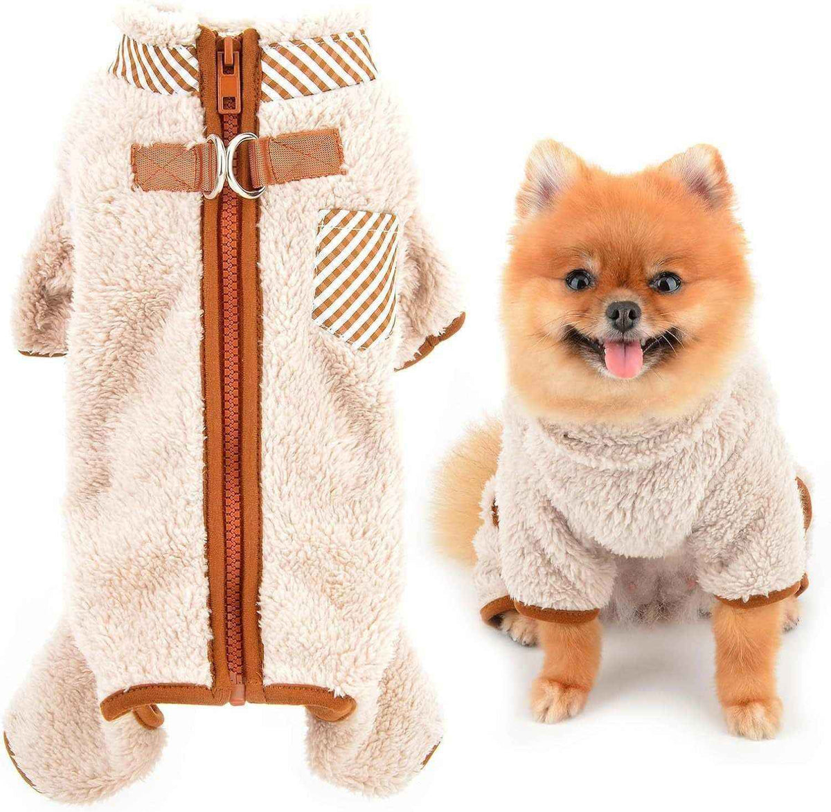 Small Pomeranian dog wearing a beige sherpa fleece dog sweater with brown trim and striped pocket