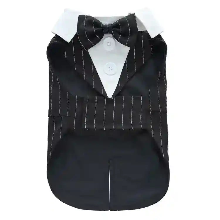 Black pinstripe dog tuxedo with white collar, bow tie, and decorative buttons for pets