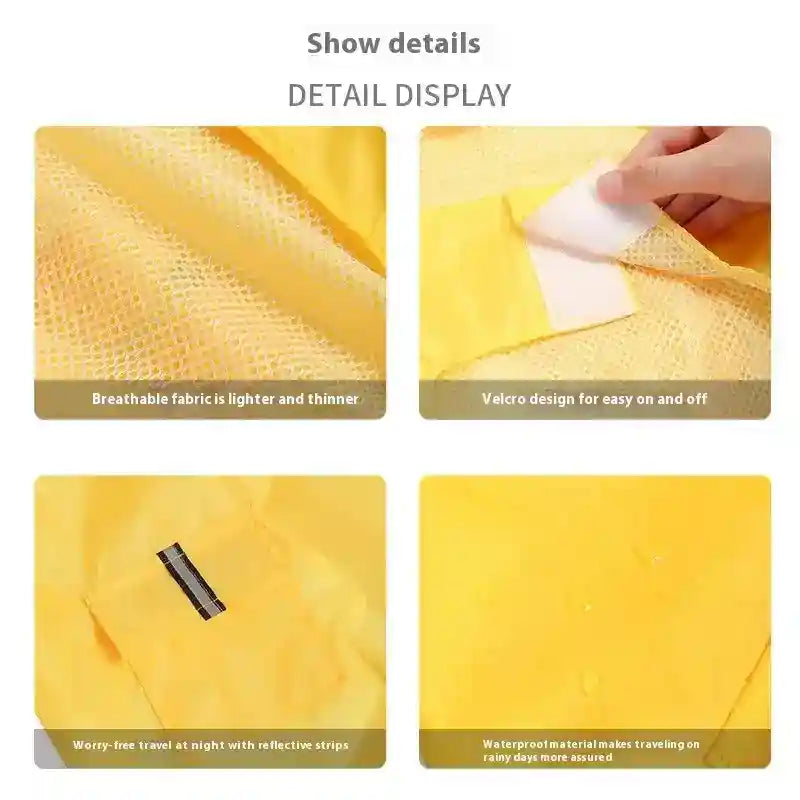 Yellow breathable fabric with velcro, reflective strips, and waterproof material details