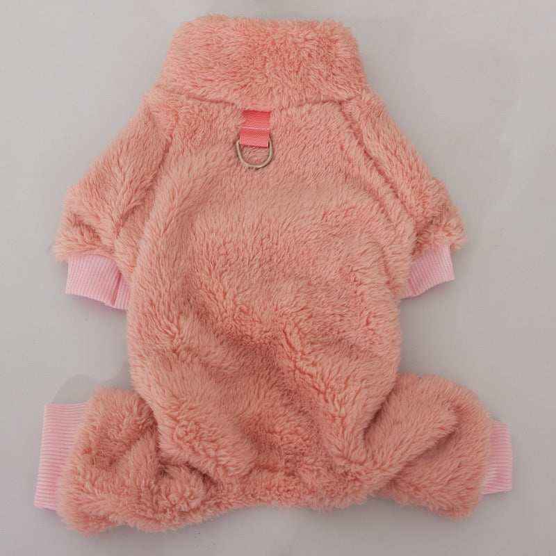 Pink fluffy dog jumpsuit with ribbed cuffs and a small metal ring on the back
