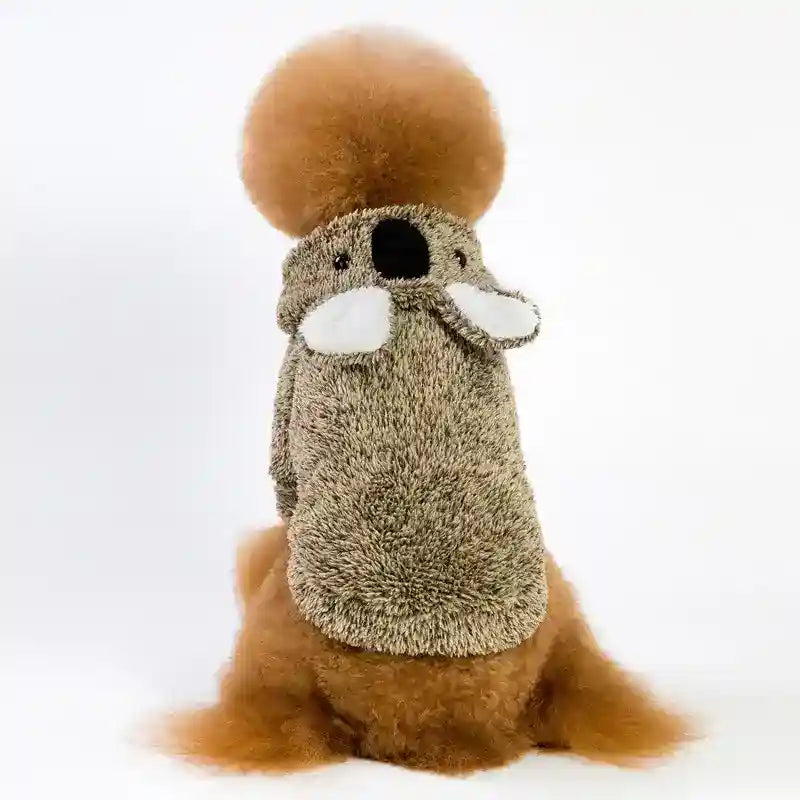 Brown fluffy dog wearing a cozy koala-themed knitted sweater with ears and nose design