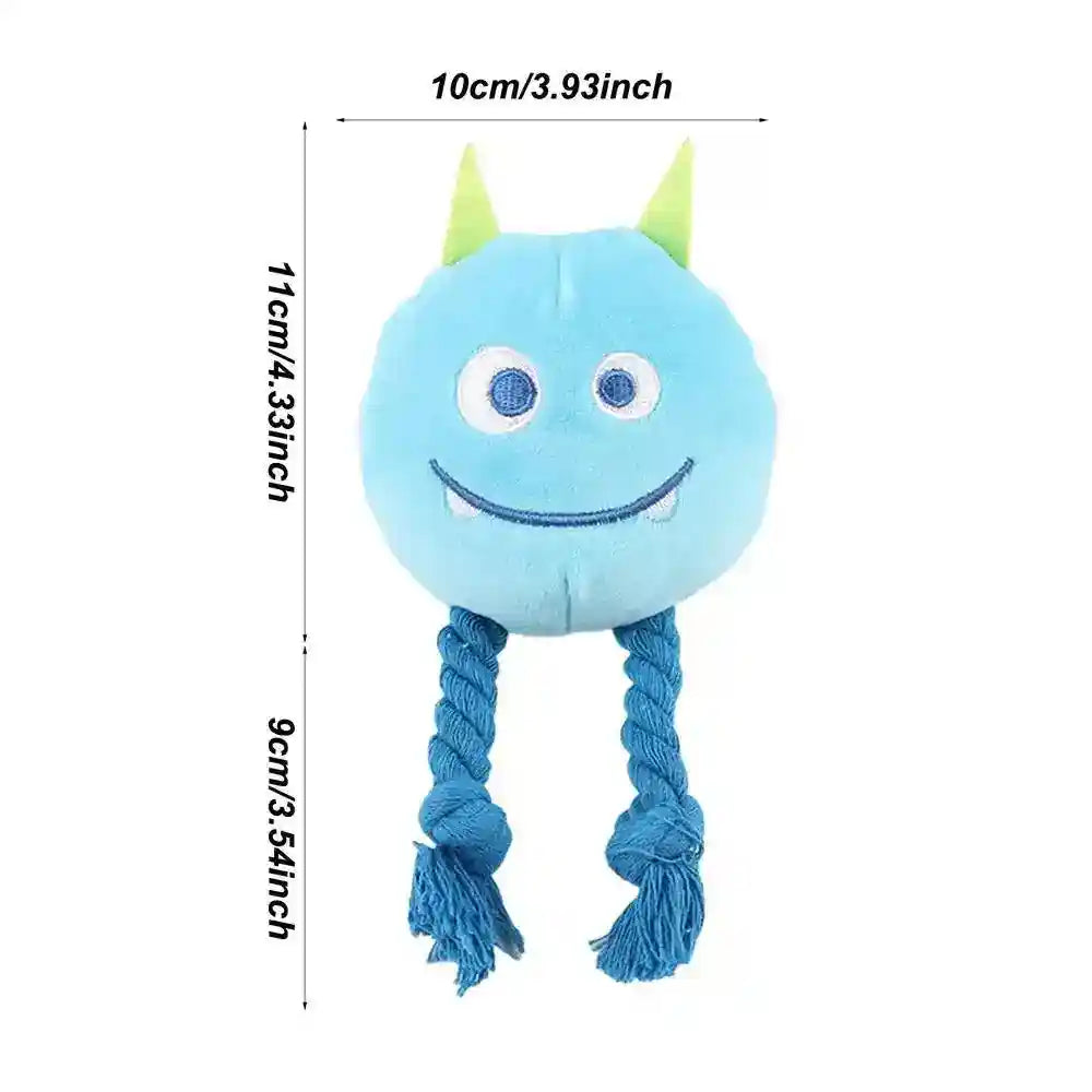 Blue plush monster dog toy with green horns and rope legs, 10x11x9 cm size