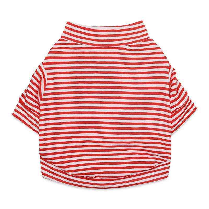 Red and white striped short-sleeve turtleneck shirt laid flat on white background