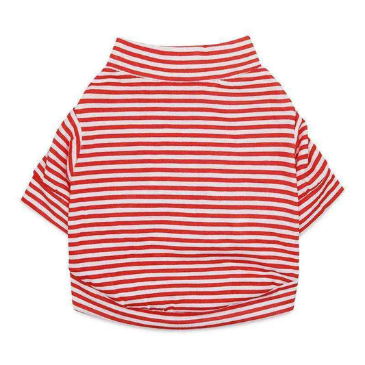 Red and white striped short-sleeve turtleneck shirt laid flat on white background