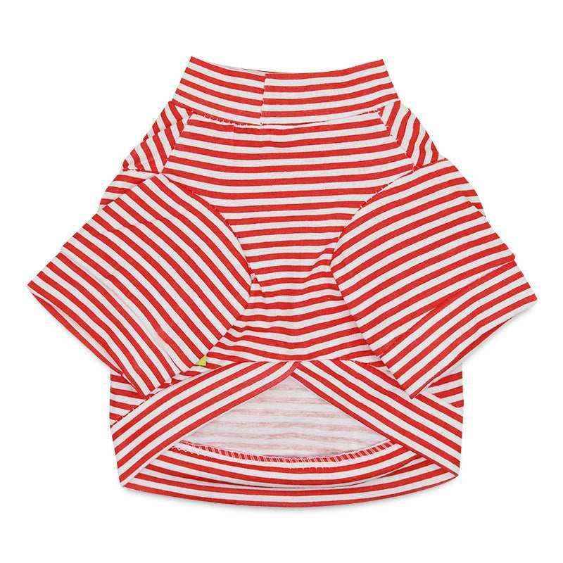 Red and white striped short-sleeve pet shirt with high collar on white background