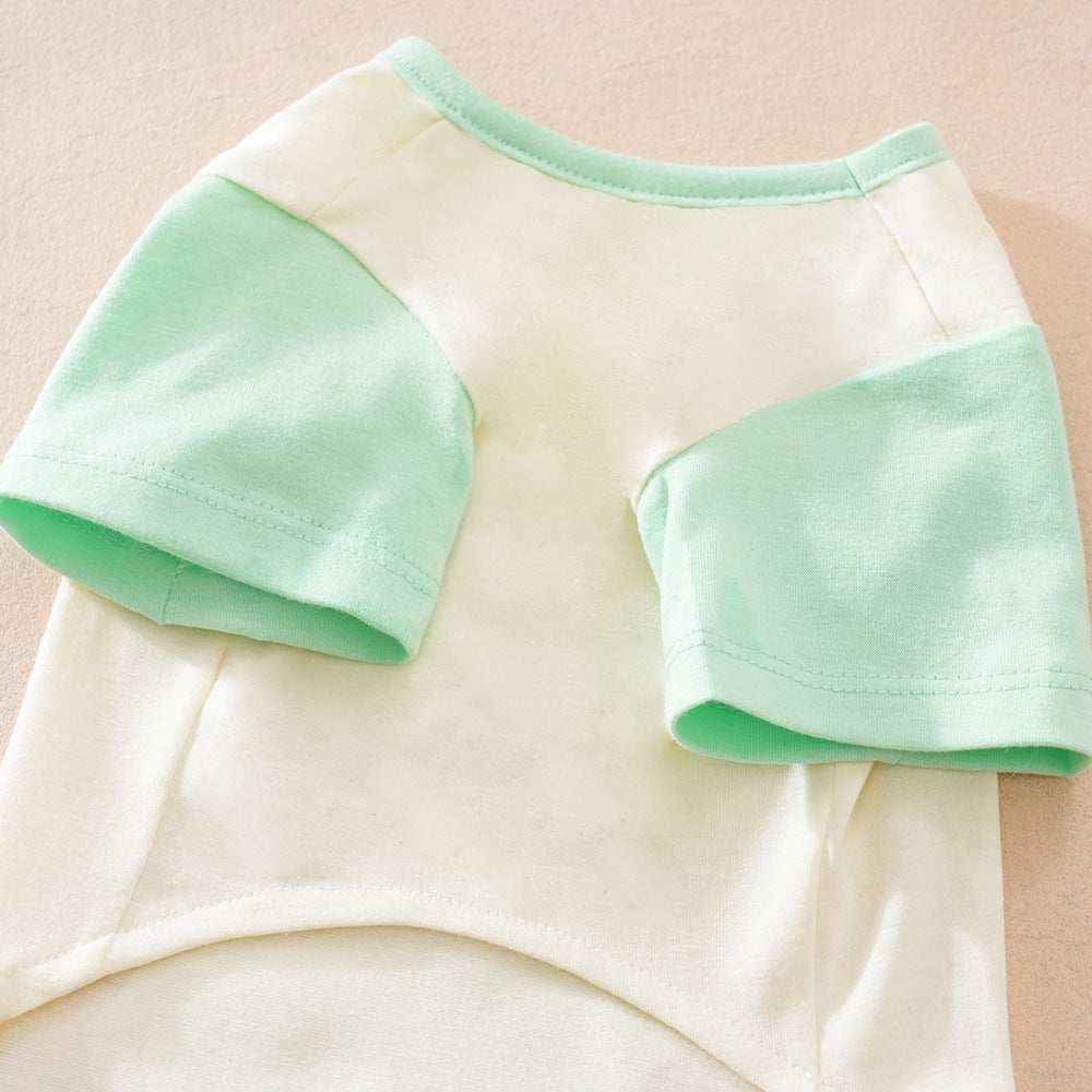Close-up of a white pet shirt with mint green short sleeves on beige background