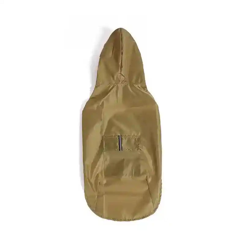 Light brown waterproof dog raincoat with hood and small back pocket
