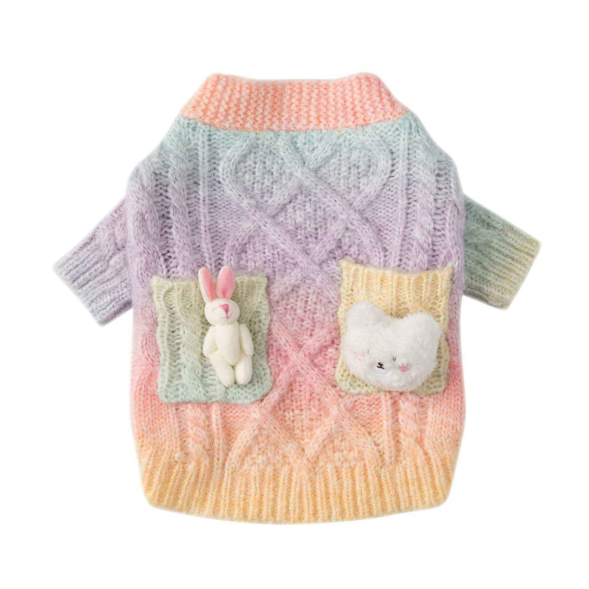 Colorful knitted pet sweater with two front pockets featuring a bunny and bear plush toys