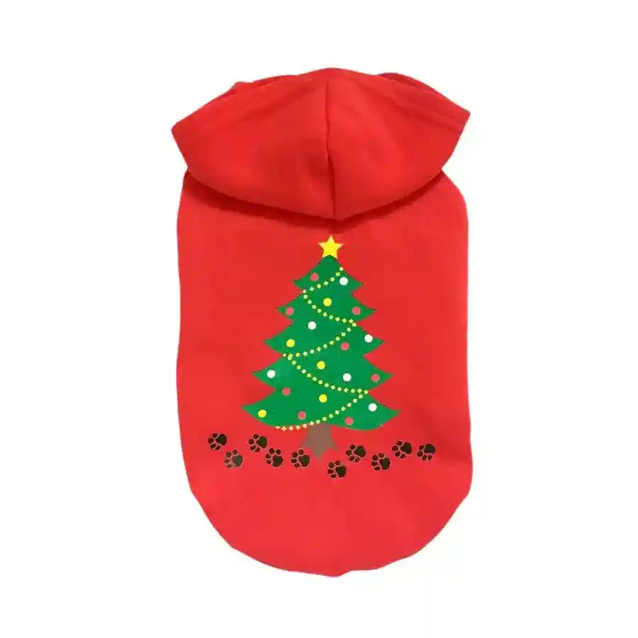 Red pet hoodie with Christmas tree and black paw prints design