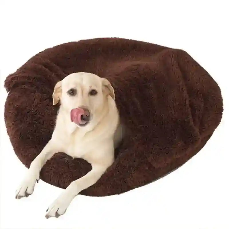 Light-colored dog comfortably resting on a large brown fuzzy pet bed with cozy blanket