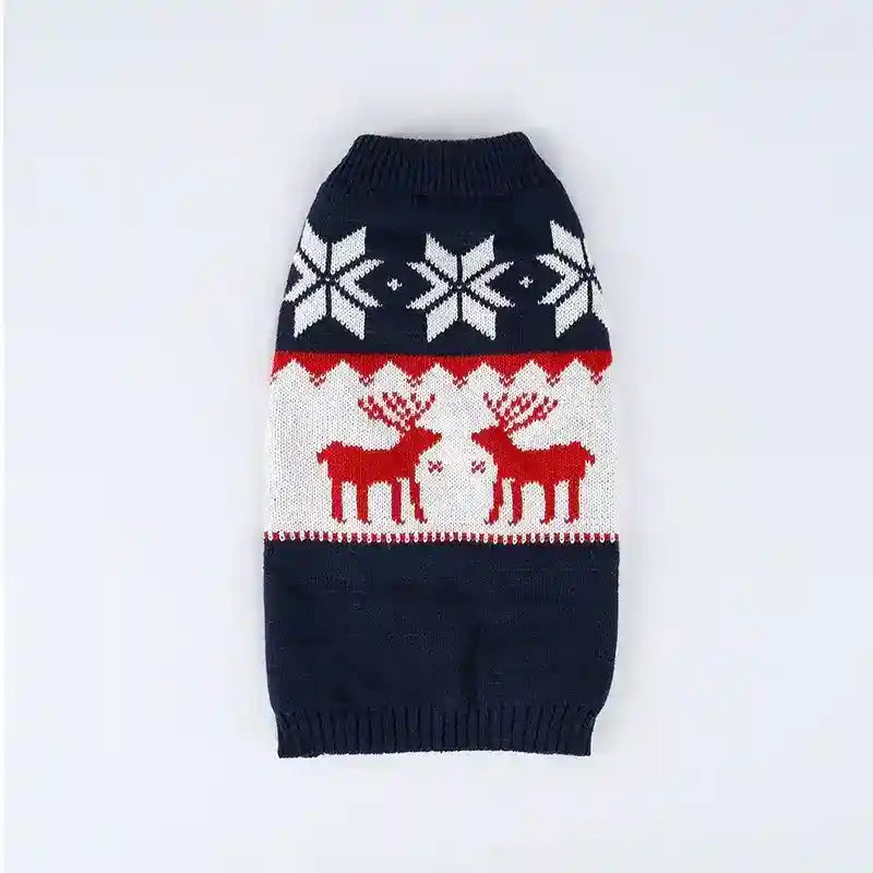Navy blue Christmas dog sweater with white snowflakes and red reindeer pattern