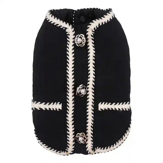 Black quilted dog jacket with white trim and pearl flower buttons, stylish pet coat