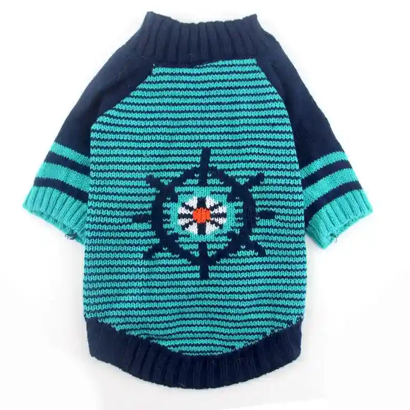 Navy and teal striped knitted dog sweater with compass design and ribbed cuffs