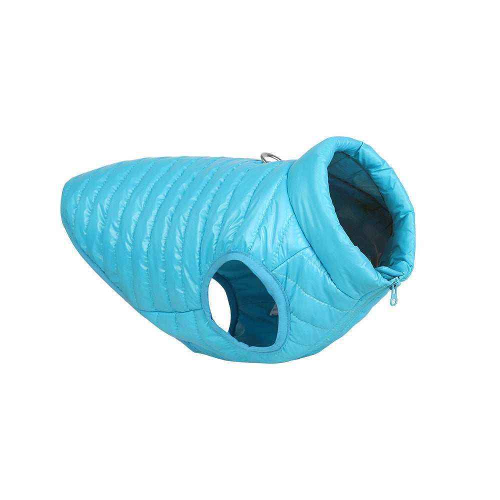 Blue quilted winter dog jacket with zip collar and side armholes on white background