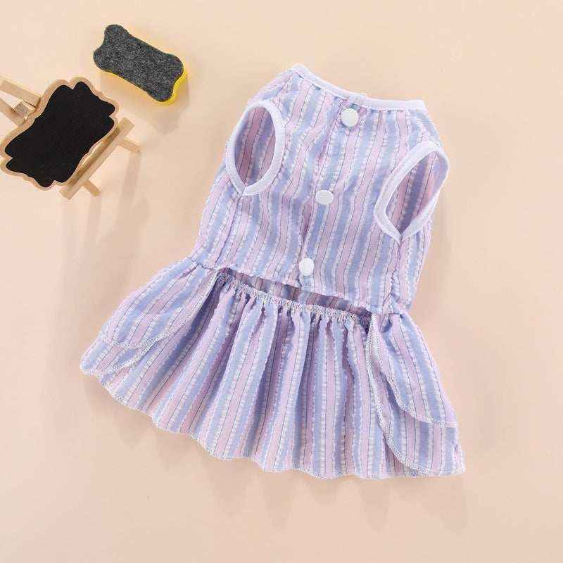 Pet dress with pink and blue stripes, sleeveless with button details and ruffled skirt