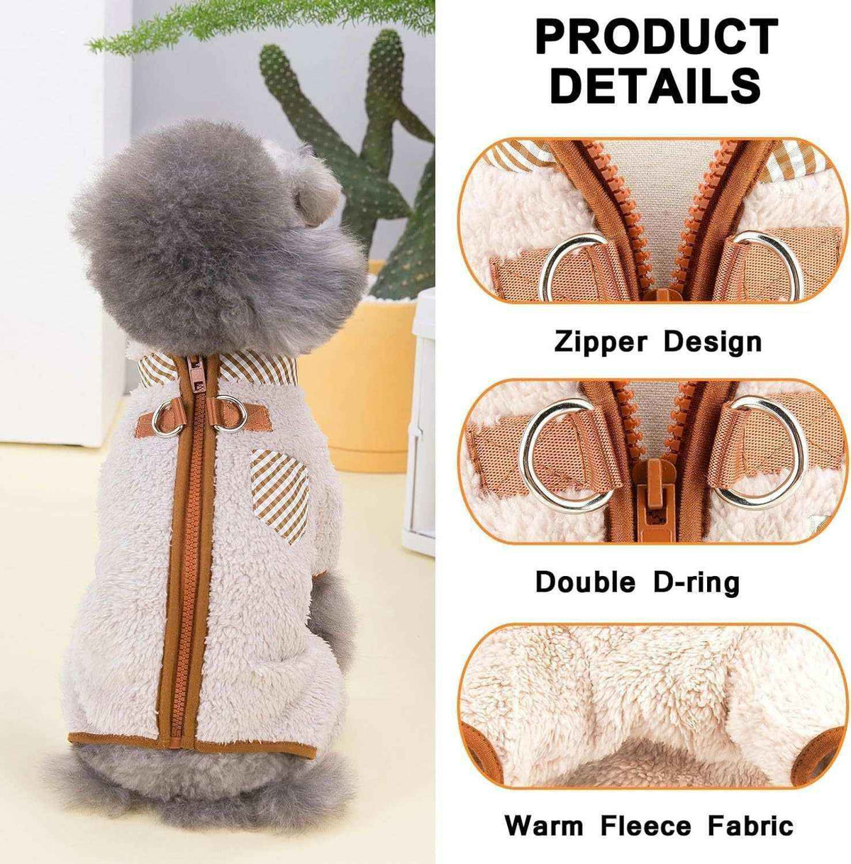 Small dog wearing beige warm fleece jacket with zipper and double D-ring leash attachments