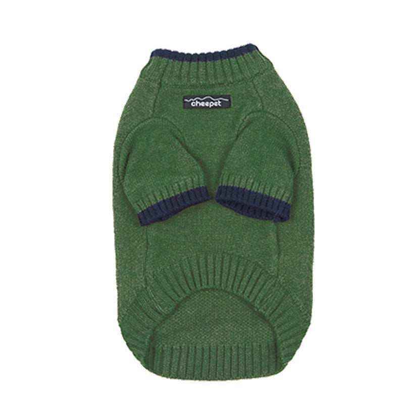 Green knitted dog sweater with navy blue trim and Cheepet brand label
