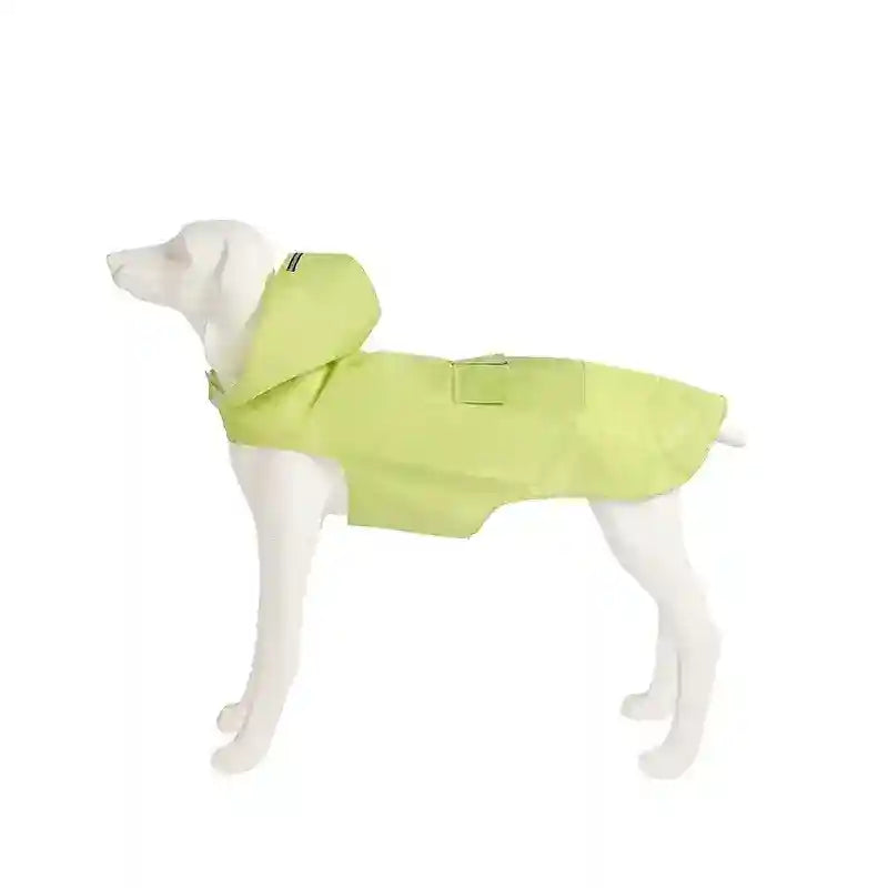 White dog mannequin wearing lime green waterproof dog raincoat with hood and velcro closure